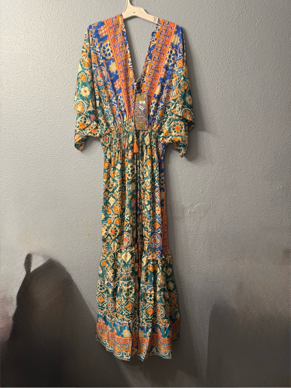 Floral silk maxi dress Geo-Print V-Neck in Teal and Orange nwt